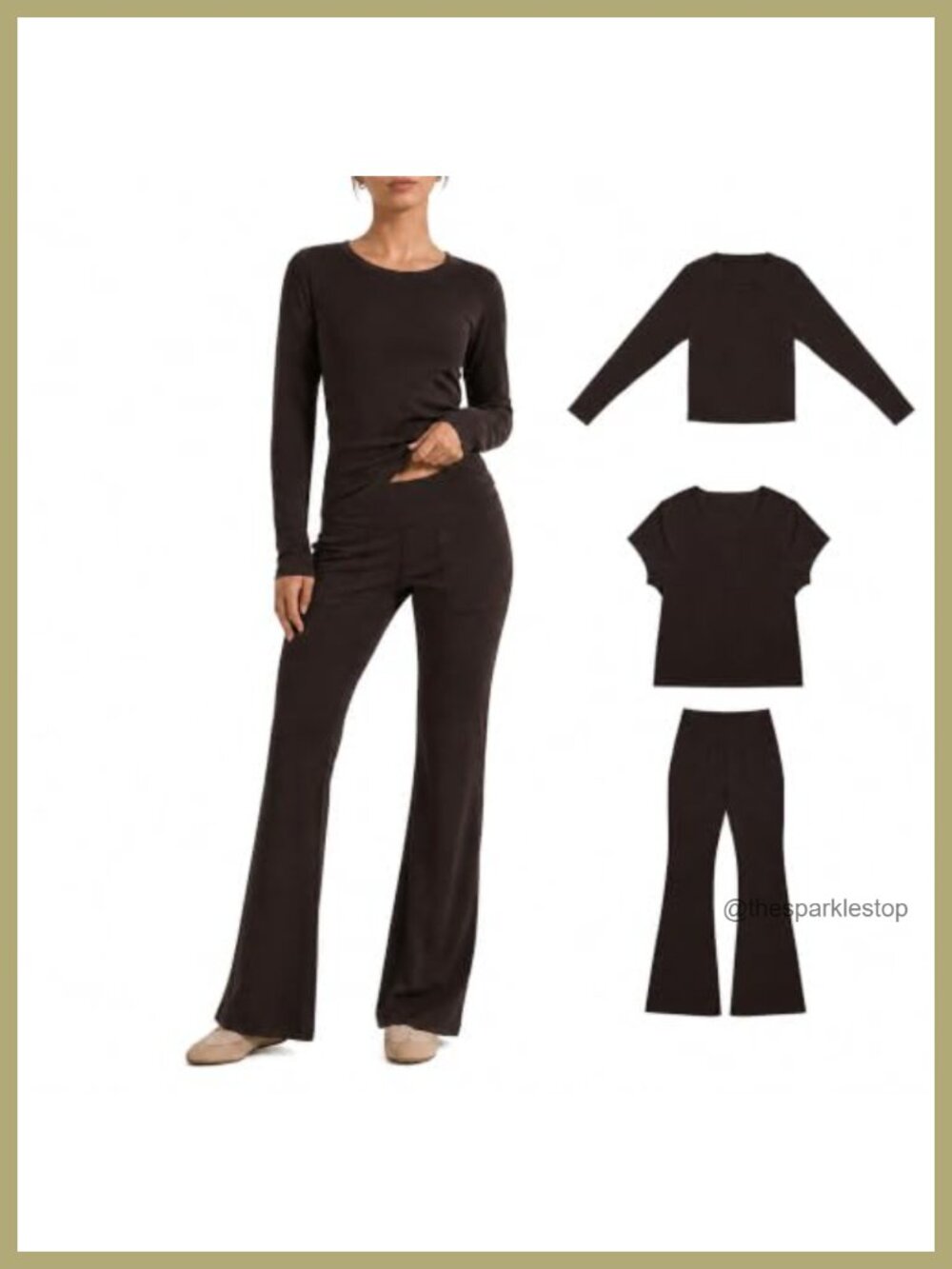 3 Piece Lounge Set Women 2 Tops Flare Pants High Waist Pockets Soft Stretch